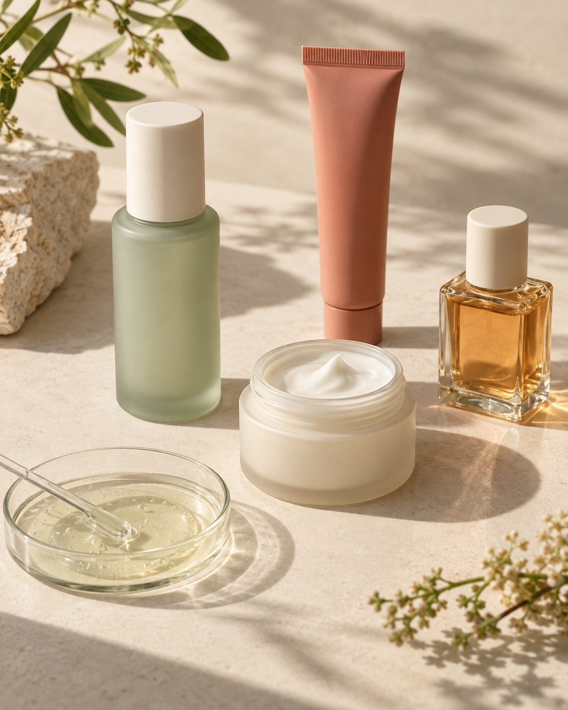 Soins, parfum et échantillons cosmétiques sans marque, baignés de lumière naturelle