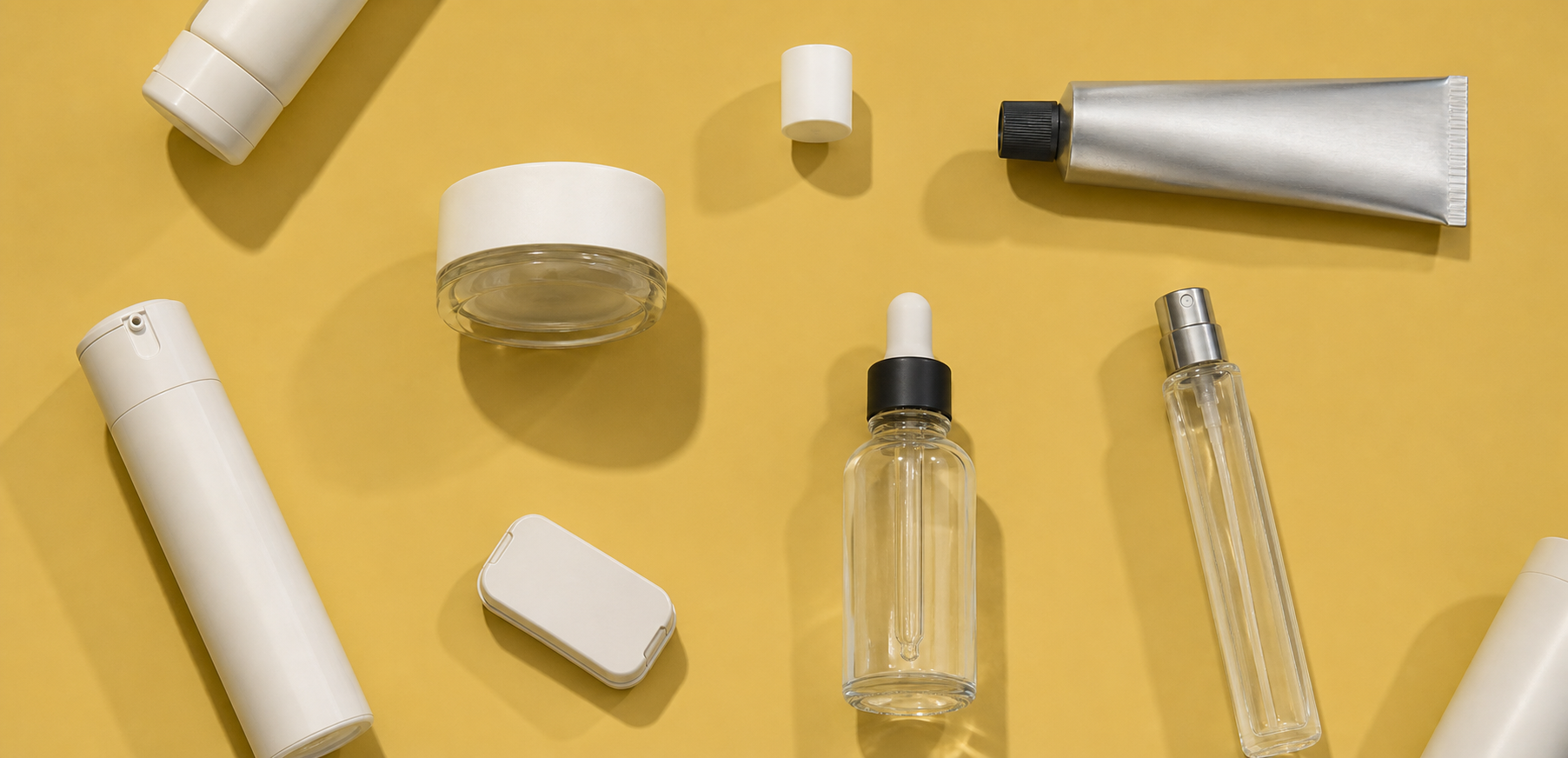 An overhead flat lay of unbranded jars, tubes and dispensers on muted yellow
